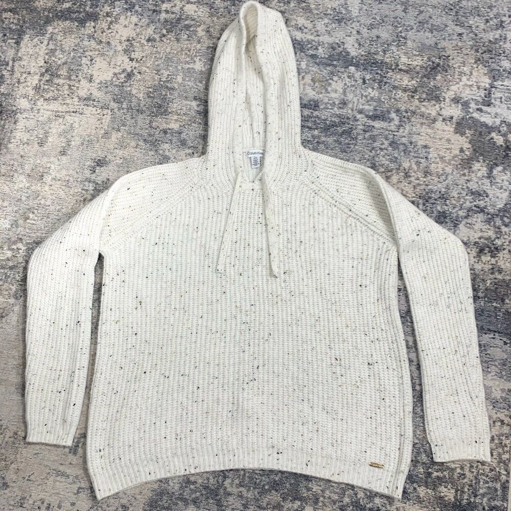 Calvin Klein White Speckled Drawstring Hooded Knit Sweater Size Medium Womens